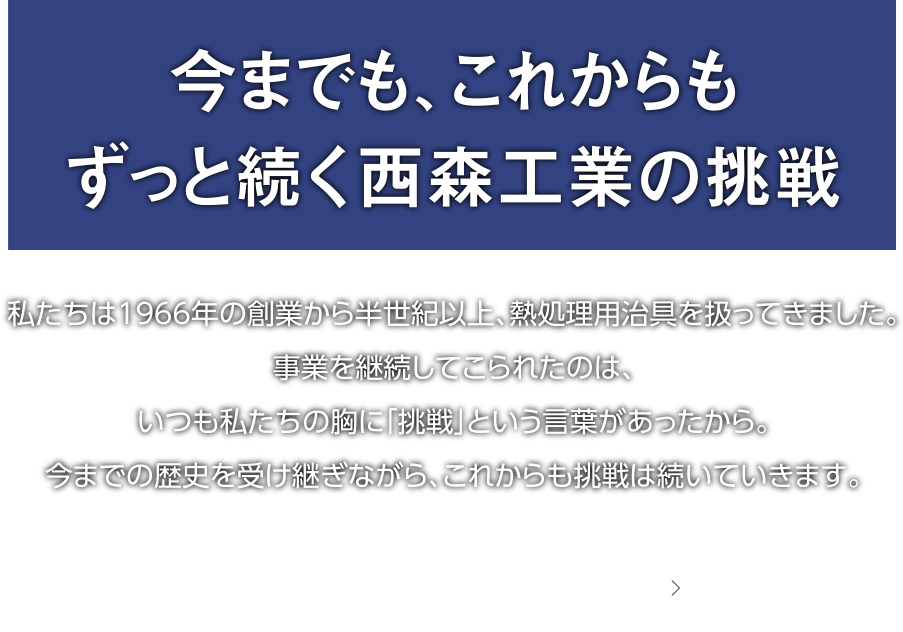 今までも、これからもずっと続く西森工業の挑戦｜私たちは1966年の創業から半世紀以上、熱処理用治具を扱ってきました。事業を継続してこられたのは、いつも私たちの胸に「挑戦」という言葉があったから。今までの歴史を受け継ぎながら、これからも挑戦は続いていきます。